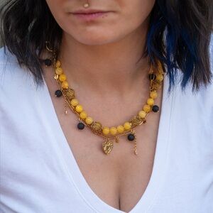 Art nouveau statement necklace with yellow chalcedony beads and gold chain